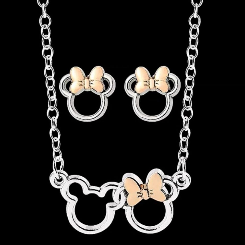 Silver Mickey Minnie Necklace Earrings Matching Set